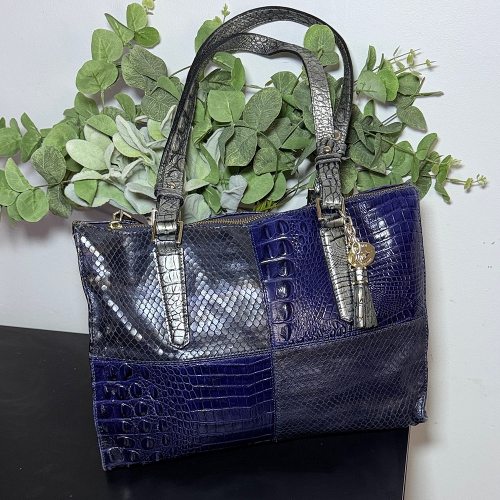 Brahmin Crocodile Pattern Anywhere Tote Blue Moon Silver Exotic Patch Leather